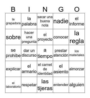 Spanish 2: Chapter 1A Bingo Card