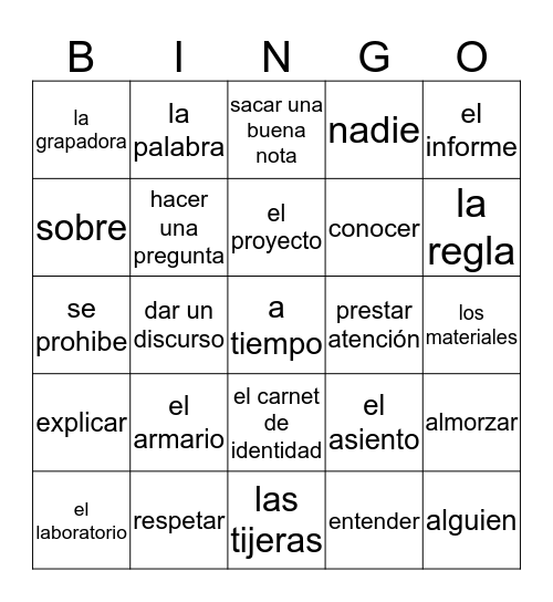 Spanish 2: Chapter 1A Bingo Card