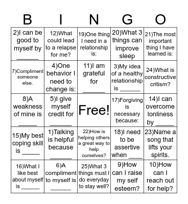 Mental Health Bingo Card