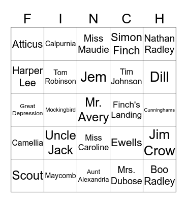 To Kill a Mockingbird Review Game Bingo Card
