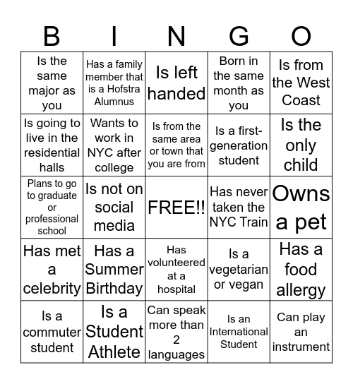 Hofstra Orientation Bingo Card