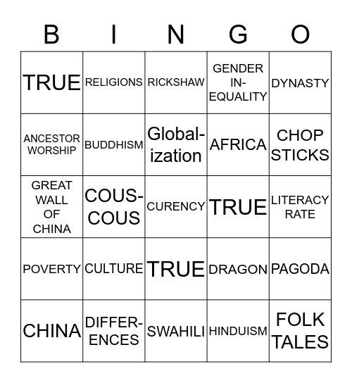 World Cultures Bingo Card
