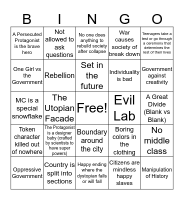Dystopian Book Trope Bingo Card