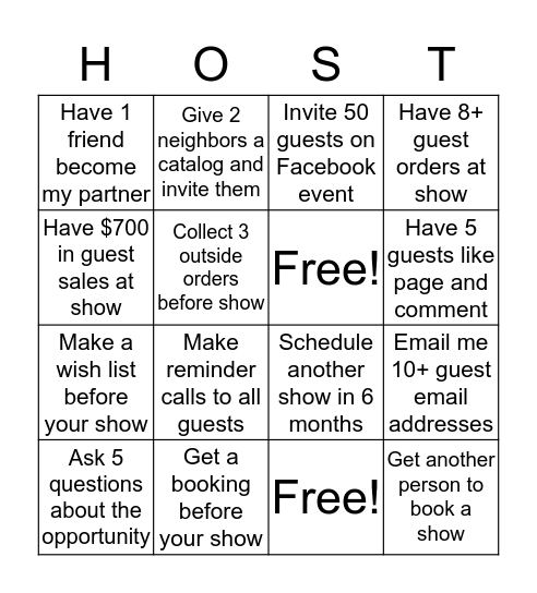 Hostess Bonus Bingo Card