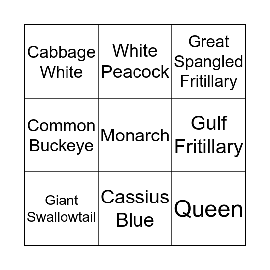 BUTTERFLY BINGO Card