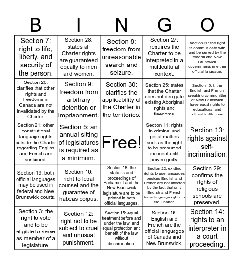 Rights and Freedoms Bingo Card