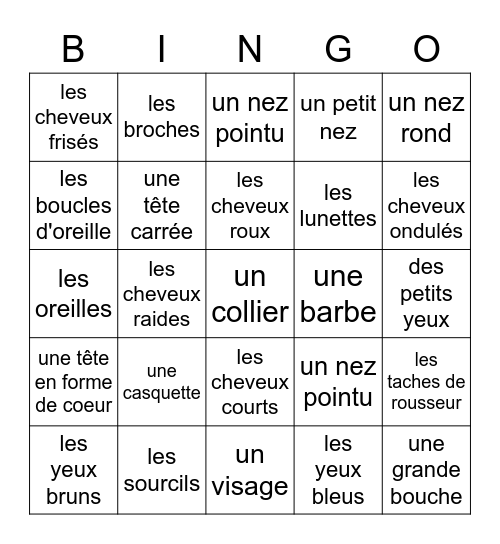 Les Descriptions Physiques Bingo Card