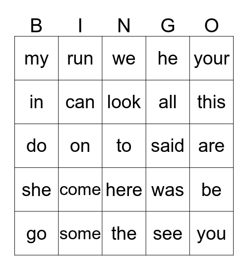 SIGHT WORD BINGO Card
