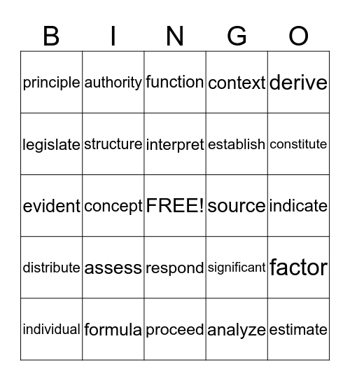Academic Word List Bingo Card