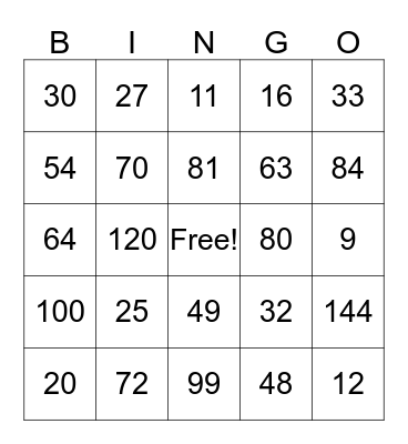 MULTIPLICATION BINGO Card