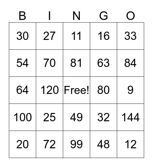MULTIPLICATION BINGO Card