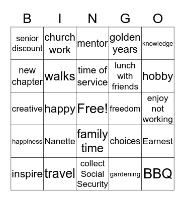 Retirement Bingo Card