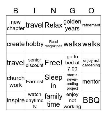 Retirement Bingo Card