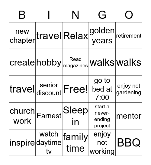 Retirement Bingo Card