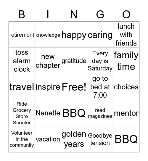 Retirement Bingo Card