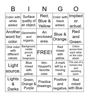 Middle School Art Bingo Card