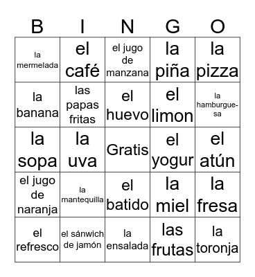 La comida Bingo Card