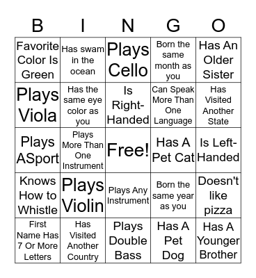 Orchestra Bingo Card