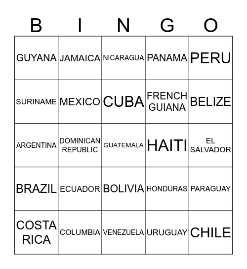 Middle American Regions Bingo Card