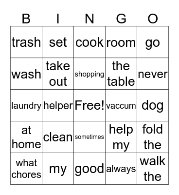 Chores Bingo Card
