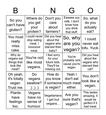 Things Non Vegans Say to Vegans Bingo Card