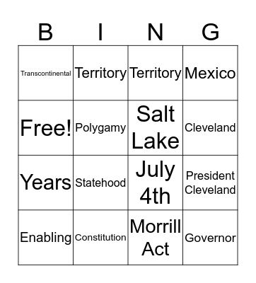 Utah Statehood Bingo Card