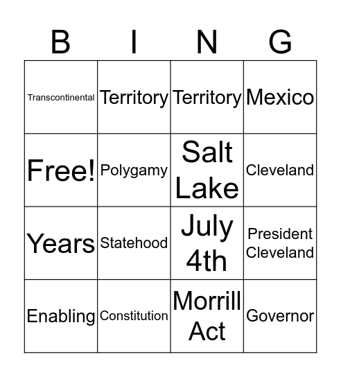 Utah Statehood Bingo Card