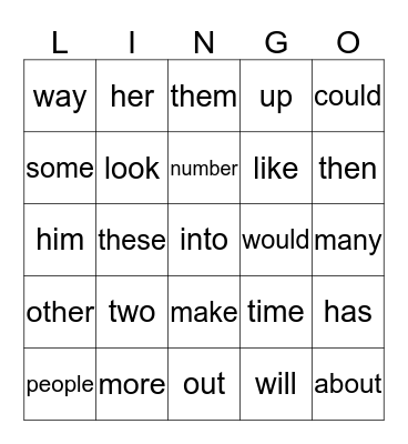 Most  Common Words 6,7&8 Bingo Card