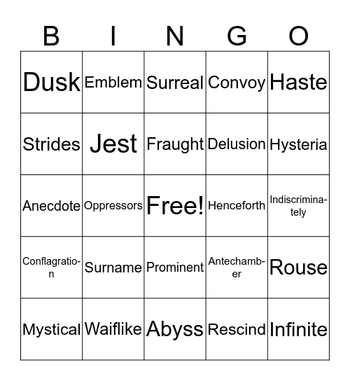 NIGHT VOCABULARY BINGO Card