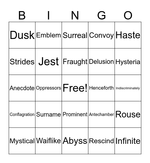 NIGHT VOCABULARY BINGO Card