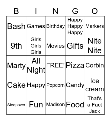 Madison's 9th Bingo Birthday Bash Bingo Card