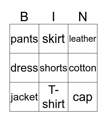 Clothes Bingo! Bingo Card