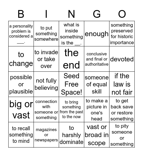 Active Green, Units 11-12, Vocabulary Review Bingo Card