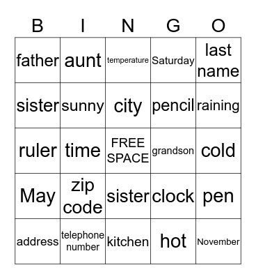 Vocabulary Bingo Card