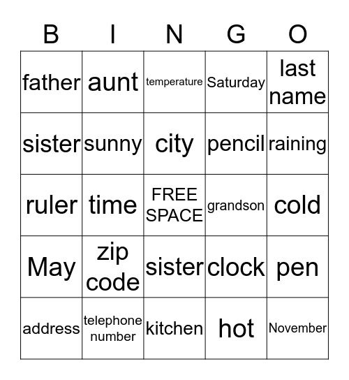 Vocabulary Bingo Card