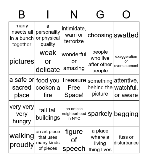 Treasures 4a, Units 4-5, Vocabulary Review Bingo Card