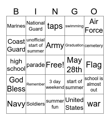 Memorial Day Weekend Bingo Card