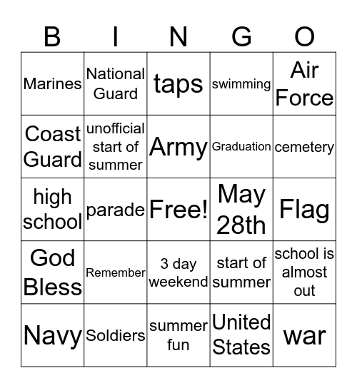 Memorial Day Weekend Bingo Card