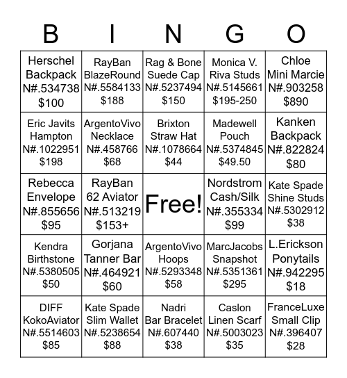 Accessories BINGO <3 Bingo Card