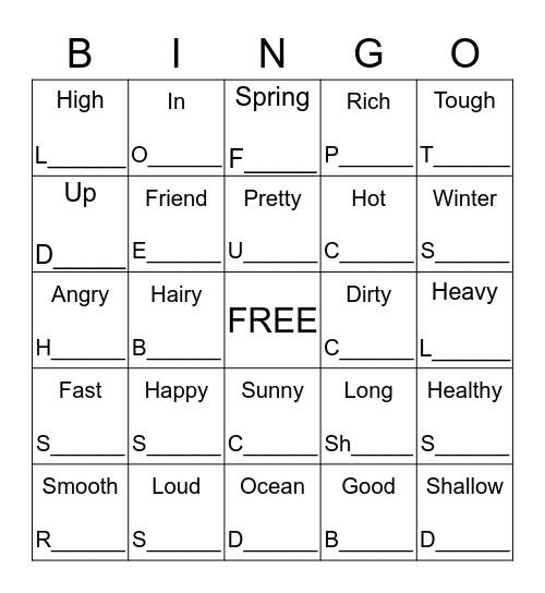 OPPOSITES Bingo Card