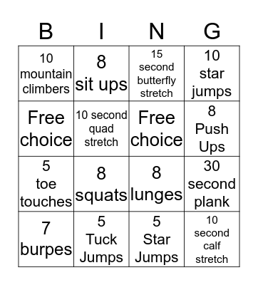 Fitness Bingo Card