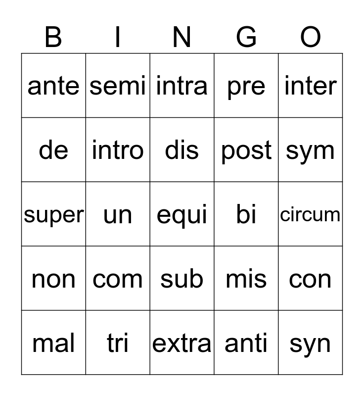 Stems Bingo List 1 Bingo Card