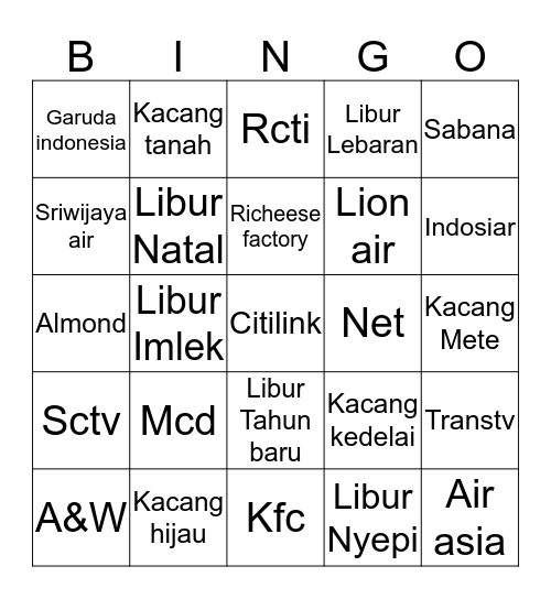 Junga Bingo Card