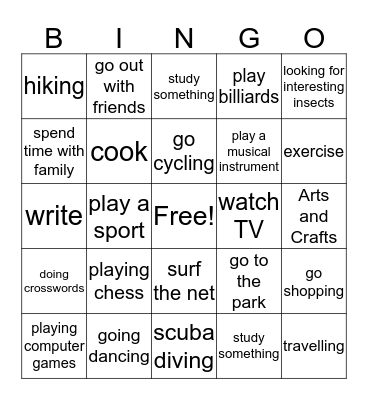 Free Time Activities Bingo Card