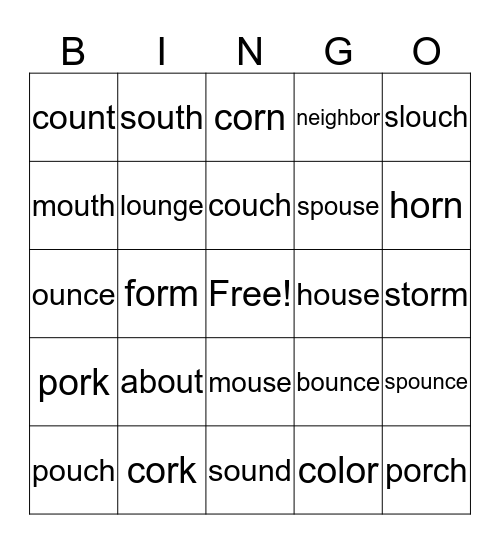 Words with "ou" (sound Bingo Card