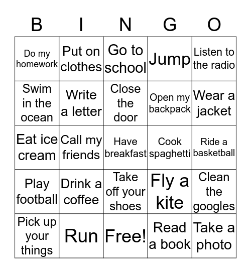 Verb Bingo Card