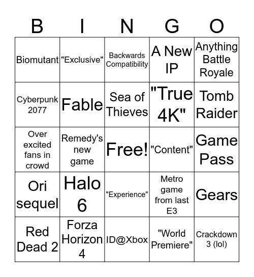 Xbox E3 2018 Bingo Card