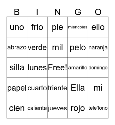 Lauren's Spanish Bingo Card