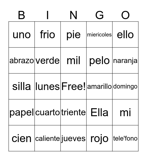 Lauren's Spanish Bingo Card