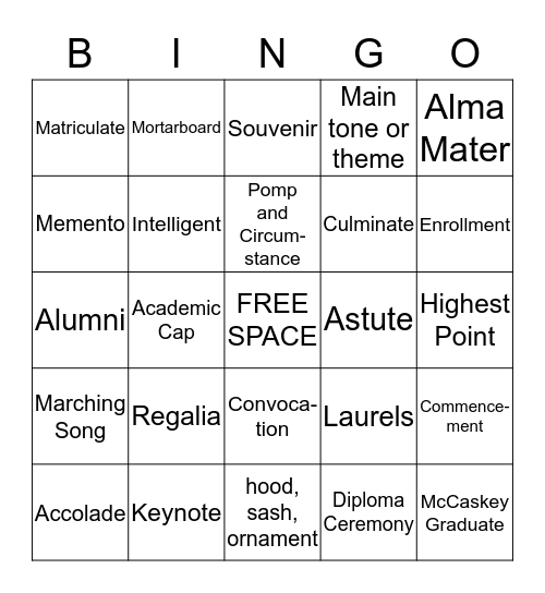 Graduation Vocabulary  Bingo Card